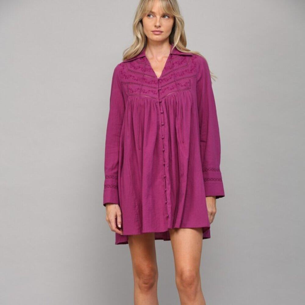 FATE Boho Embroidered Tunic Dress Magenta Button Front NWT Small